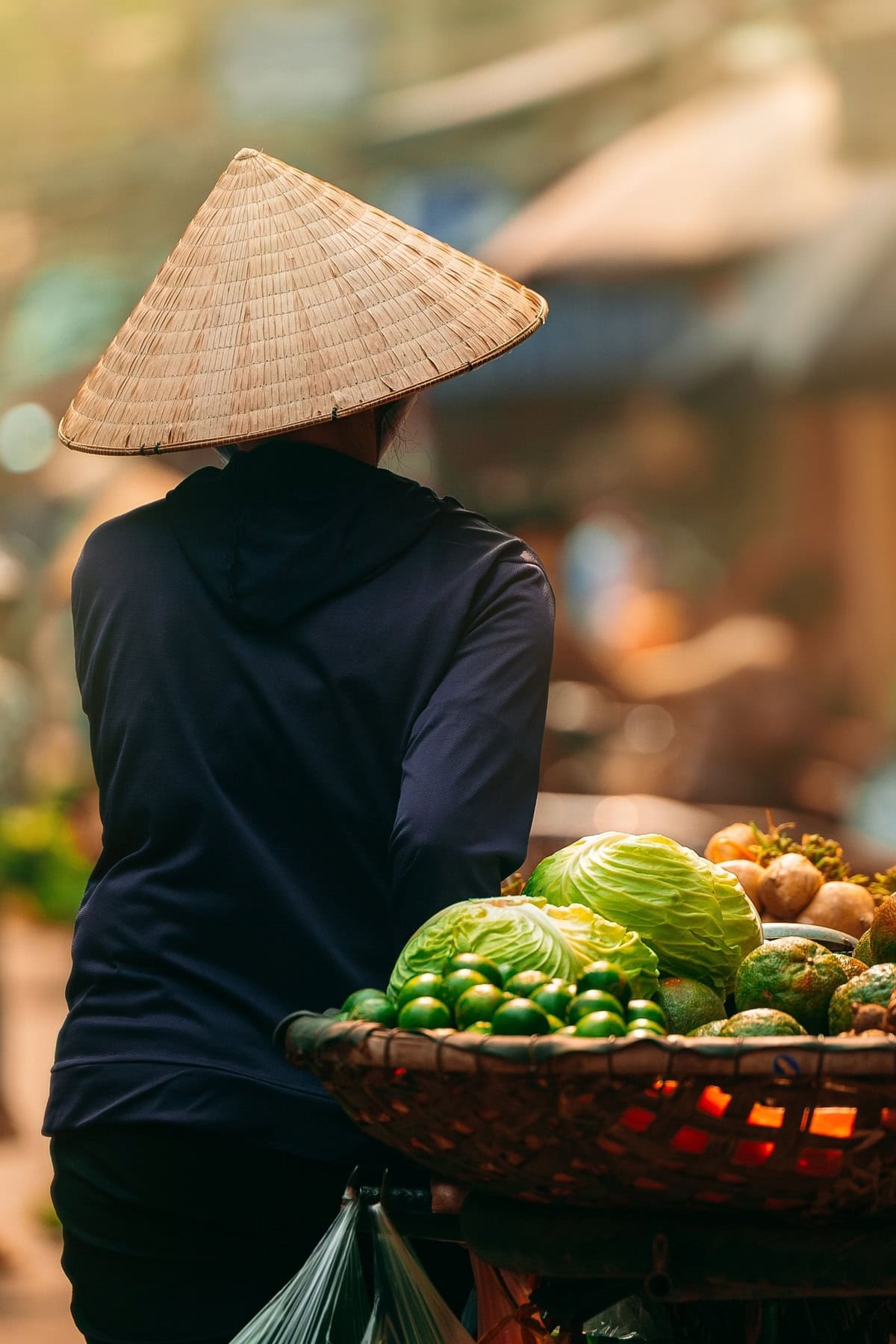 Woman Walking in Hoi an with Fruits