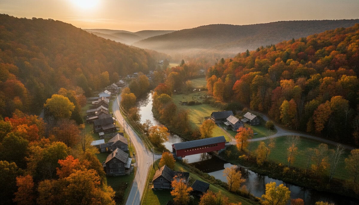 A secluded small town in the forested Endless Mountains of Northeast Pennsylvania at autumn sunrise